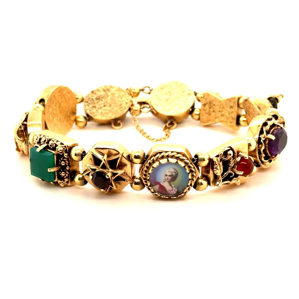 Vintage 14k Gold Multi Stone Slide Charm Link Bracelet 7.5 Inch 42g Portrait